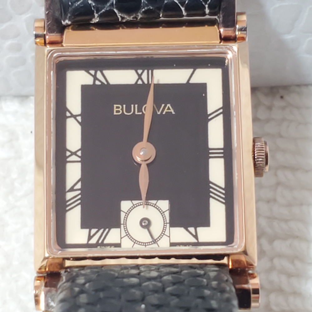 Vintage Bulova Swiss Womens Tank Watch 15 Jewels Rose Gold Plated Roman Numerals